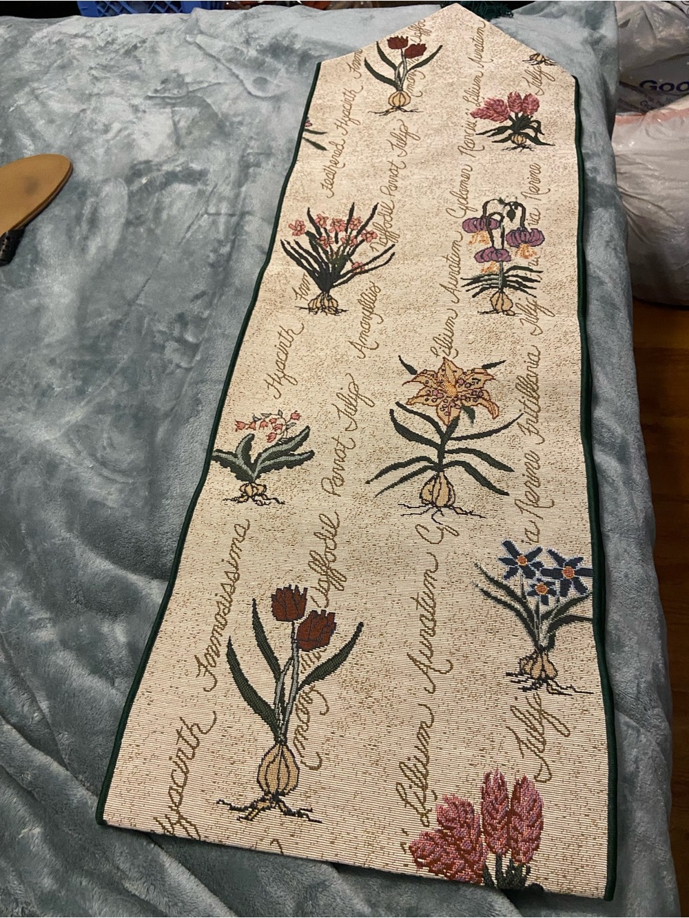 Cream Botanical Embroidered Door Mat Runner with Green Trim